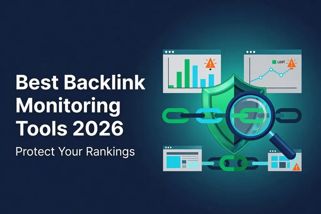 Graphic illustration with text reading "Best Backlink Monitoring Tools 2026 Protect Your Rankings" on a dark blue background, featuring digital icons of data charts, warning alerts, and a magnifying glass inspecting a secured chain link over a green shield.