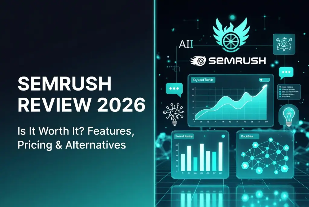 Semrush Review 2026: Is It Worth It? Complete guide featuring full features, pricing details, and best alternatives. Futuristic teal dashboard interface with SEO tools, keyword graphs, rankings, and AI elements.