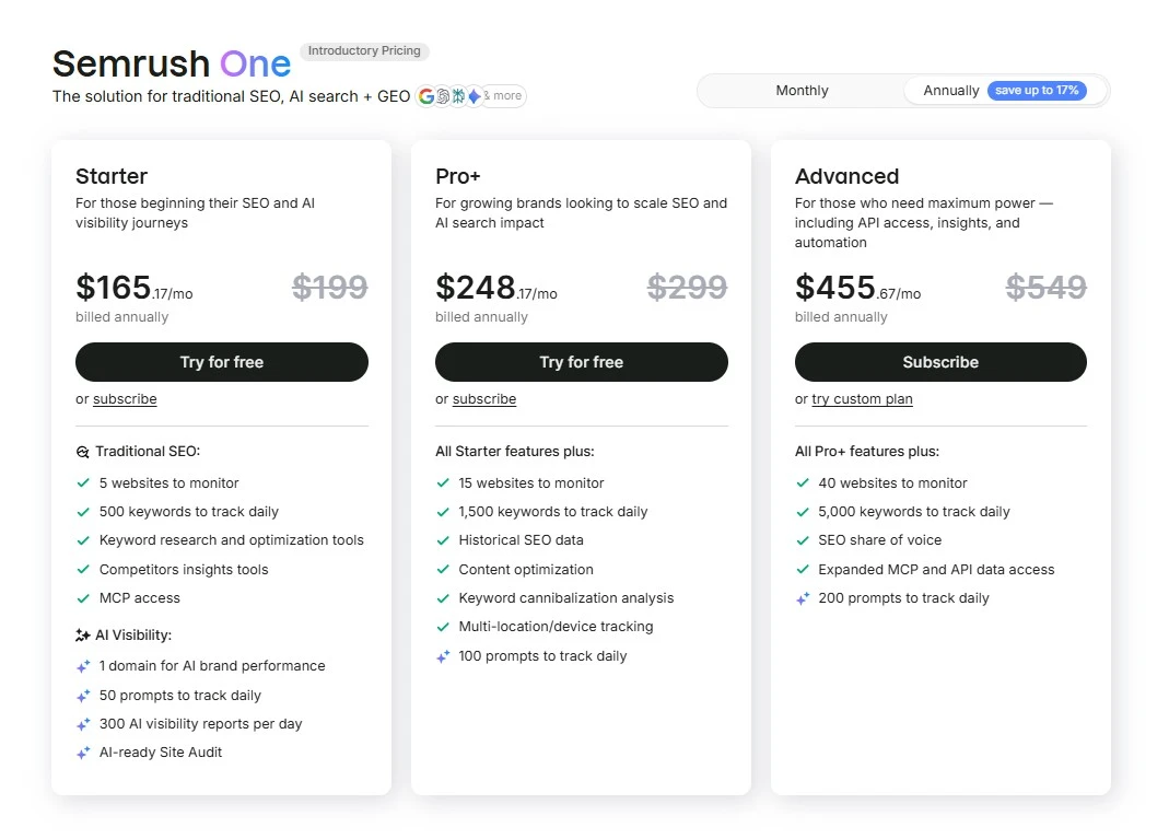 semrush one pricing plans